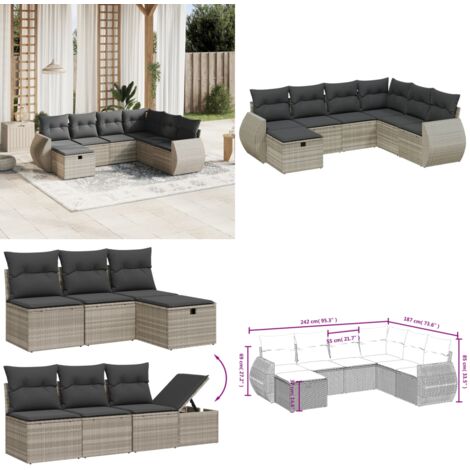 Set Divani da Giardino 7pz con Cuscini Grigio Chiaro Polyrattan - Poltrona da giardino - Cuscino da seduta
