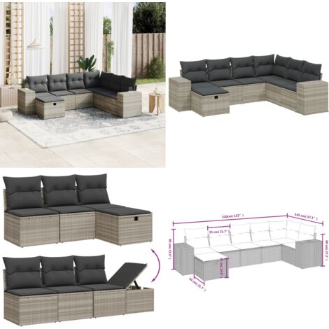 Set Divani da Giardino 7pz con Cuscini Grigio Chiaro Polyrattan - Poltrona da giardino - Cuscino da seduta