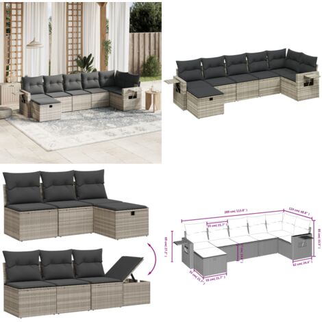 Set Divani da Giardino 7pz con Cuscini Grigio Chiaro Polyrattan - Poltrona da giardino - Cuscino da seduta
