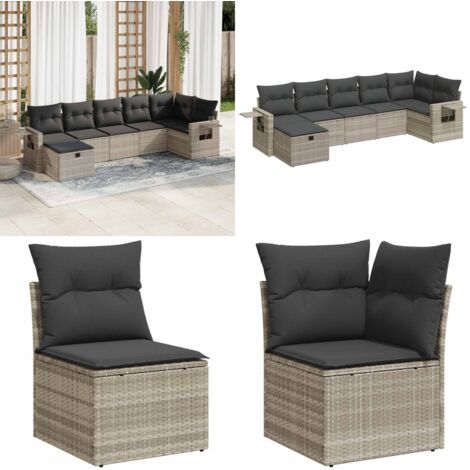 Set Divani da Giardino 7pz con Cuscini Grigio Chiaro Polyrattan - Poltrona da giardino - Seduta da esterno