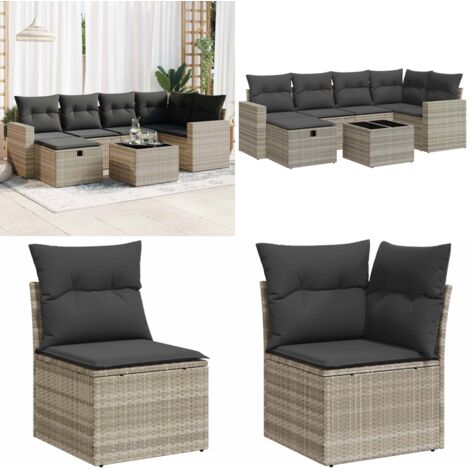Set Divani da Giardino 7pz con Cuscini Grigio Chiaro Polyrattan - Poltrona da giardino - Seduta da giardino