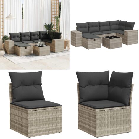 Set Divani da Giardino 7pz con Cuscini Grigio Chiaro Polyrattan - Poltrona da giardino - Seduta da giardino