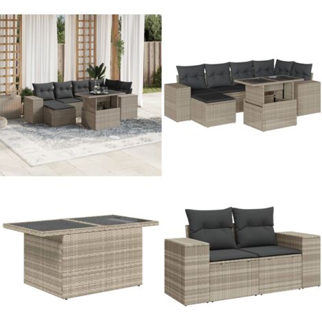 Set Divani da Giardino 7pz con Cuscini Grigio Chiaro Polyrattan - Poltrona da giardino - Tavolo da giardino