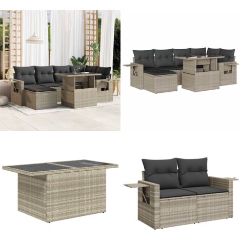 Set Divani da Giardino 7pz con Cuscini Grigio Chiaro Polyrattan - Poltrona da giardino - Tavolo da giardino