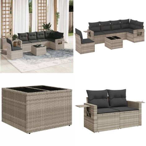 Set Divani da Giardino 7pz con Cuscini Grigio Chiaro Polyrattan - Poltrona da giardino - Tavolo da giardino
