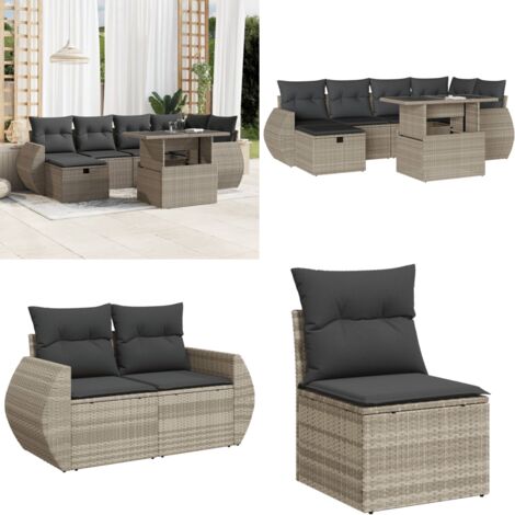 Set Divani da Giardino 7pz con Cuscini Grigio Chiaro Polyrattan - Poltrona da giardino - Tavolo da giardino