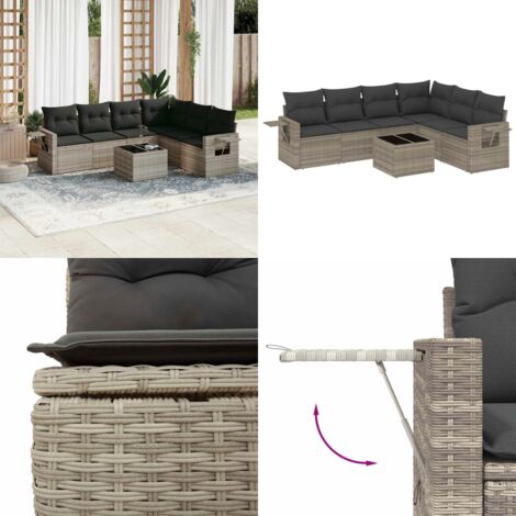 Set Divani da Giardino 7pz con Cuscini Grigio Chiaro Polyrattan - Poltrona da giardino - Tavolo da giardino