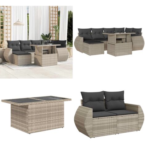 Set Divani da Giardino 7pz con Cuscini Grigio Chiaro Polyrattan - Poltrona da giardino - Tavolo da giardino
