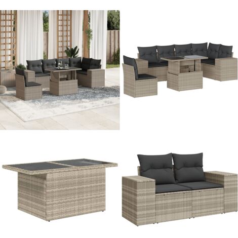 Set Divani da Giardino 7pz con Cuscini Grigio Chiaro Polyrattan - Poltrona da giardino - Tavolo da giardino