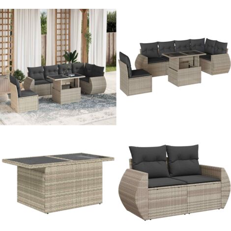 Set Divani da Giardino 7pz con Cuscini Grigio Chiaro Polyrattan - Poltrona da giardino - Tavolo da giardino