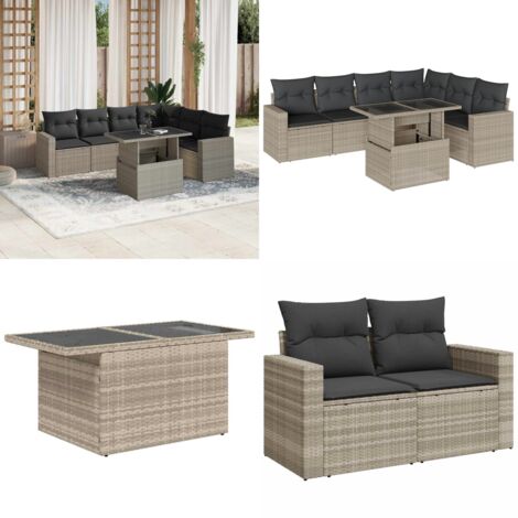 Set Divani da Giardino 7pz con Cuscini Grigio Chiaro Polyrattan - Poltrona da giardino - Tavolo da giardino