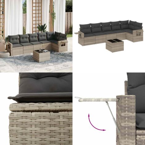 Set Divani da Giardino 7pz con Cuscini Grigio Chiaro Polyrattan - Poltrona da giardino - Tavolo da giardino