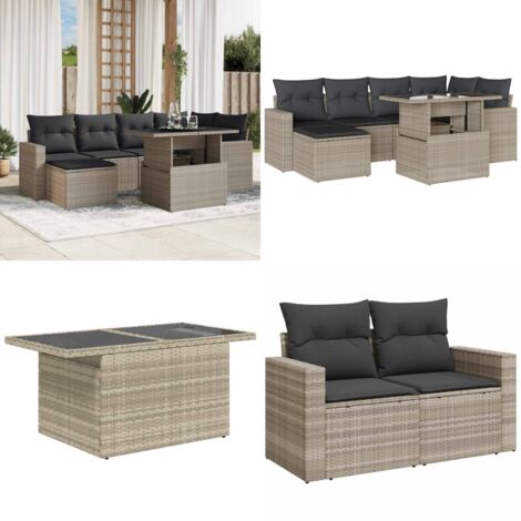 Set Divani da Giardino 7pz con Cuscini Grigio Chiaro Polyrattan - Poltrona da giardino - Tavolo da giardino
