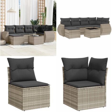 Set Divani da Giardino 7pz con Cuscini Grigio Chiaro Polyrattan - Poltrona da giardino - Tavolo da giardino