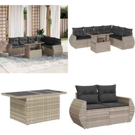 Set Divani da Giardino 7pz con Cuscini Grigio Chiaro Polyrattan - Poltrona da giardino - Tavolo da giardino