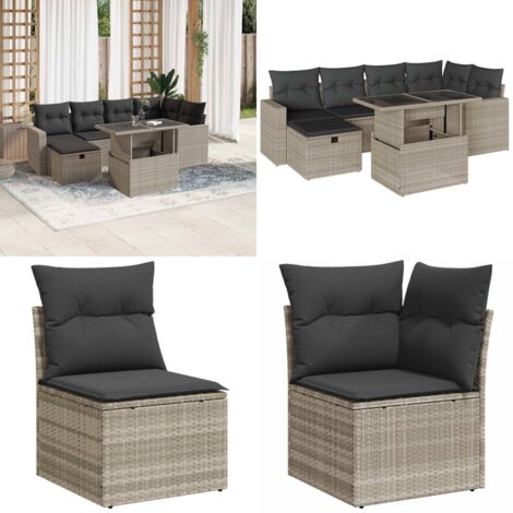 Set Divani da Giardino 7pz con Cuscini Grigio Chiaro Polyrattan - Poltrona da giardino - Tavolo da giardino