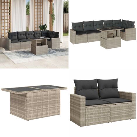 Set Divani da Giardino 7pz con Cuscini Grigio Chiaro Polyrattan - Poltrona da giardino - Tavolo da giardino