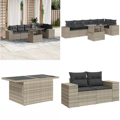 Set Divani da Giardino 7pz con Cuscini Grigio Chiaro Polyrattan - Poltrona da giardino - Tavolo da giardino
