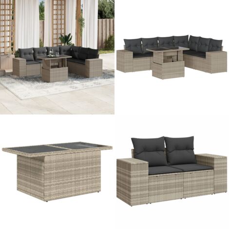 Set Divani da Giardino 7pz con Cuscini Grigio Chiaro Polyrattan - Poltrona da giardino - Tavolo da giardino