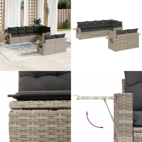 Set Divani da Giardino 7pz con Cuscini Grigio Chiaro Polyrattan - Poltrone da giardino - Cuscini da seduta