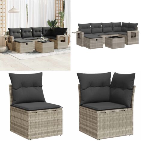 Set Divani da Giardino 7pz con Cuscini Grigio Chiaro Polyrattan - Poltrone da giardino - Sedute da esterno