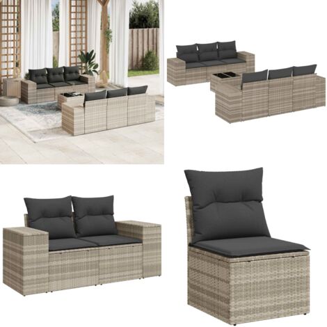Set Divani da Giardino 7pz con Cuscini Grigio Chiaro Polyrattan - Poltrone da giardino - Tavolo da giardino