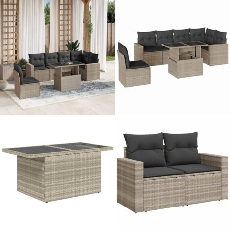 Set Divani da Giardino 7pz con Cuscini Grigio Chiaro Polyrattan - Poltrone da giardino - Tavolo da giardino