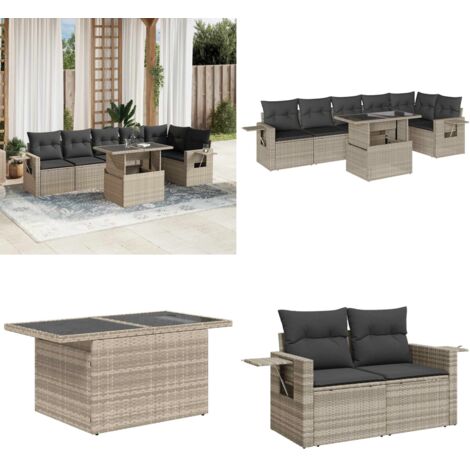 Set Divani da Giardino 7pz con Cuscini Grigio Chiaro Polyrattan - Poltrone da giardino - Tavolo da giardino
