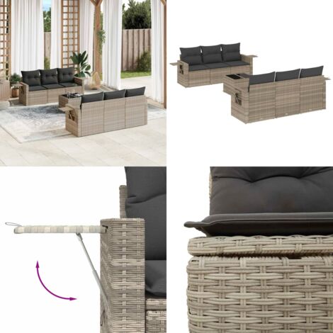 Set Divani da Giardino 7pz con Cuscini Grigio Chiaro Polyrattan - Poltrone da giardino - Tavolo da giardino