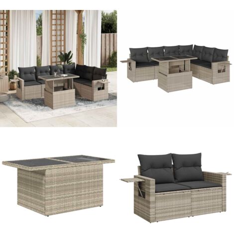 Set Divani da Giardino 7pz con Cuscini Grigio Chiaro Polyrattan - Poltrone da giardino - Tavolo da giardino