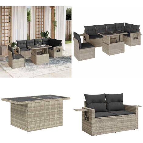 Set Divani da Giardino 7pz con Cuscini Grigio Chiaro Polyrattan - Poltrone da giardino - Tavolo da giardino