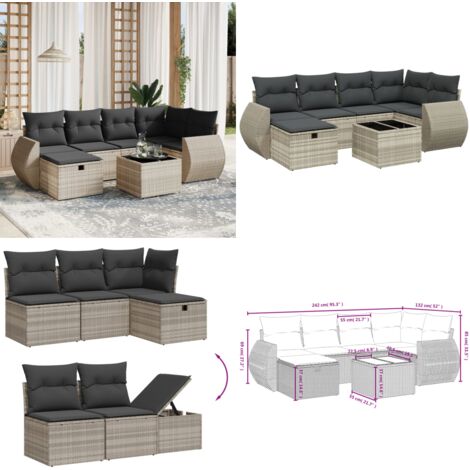 Set Divani da Giardino 7pz con Cuscini Grigio Chiaro Polyrattan - Seduta da esterno - Tavolo da giardino