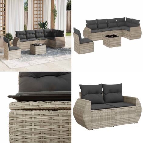 Set Divani da Giardino 7pz con Cuscini Grigio Chiaro Polyrattan - Seduta da esterno - Tavolo da giardino