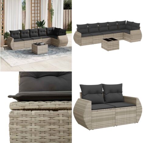 Set Divani da Giardino 7pz con Cuscini Grigio Chiaro Polyrattan - Seduta da esterno - Tavolo da giardino