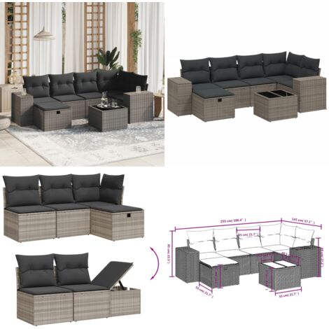 Set Divani da Giardino 7pz con Cuscini Grigio Chiaro Polyrattan - Seduta da esterno - Tavolo da giardino