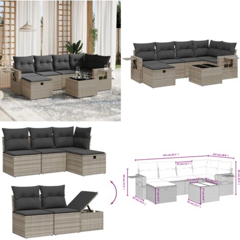 Set Divani da Giardino 7pz con Cuscini Grigio Chiaro Polyrattan - Seduta da esterno - Tavolo da giardino
