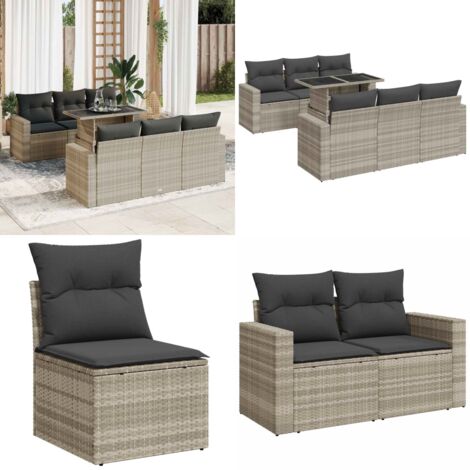 Set Divani da Giardino 7pz con Cuscini Grigio Chiaro Polyrattan - Seduta da giardino - Poltrona da giardino