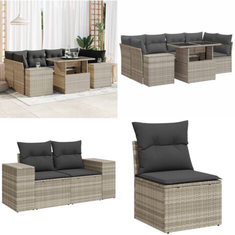 Set Divani da Giardino 7pz con Cuscini Grigio Chiaro Polyrattan - Sedute angolari - Tavolo da giardino