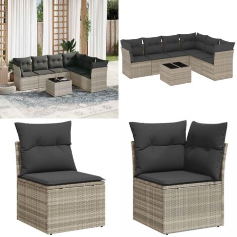 Set Divani da Giardino 7pz con Cuscini Grigio Chiaro Polyrattan - Sedute da esterno - Tavolo da giardino