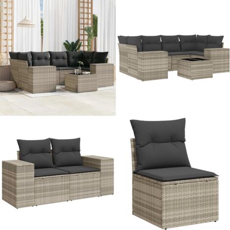 Set Divani da Giardino 7pz con Cuscini Grigio Chiaro Polyrattan - Sedute da esterno - Tavolo da giardino