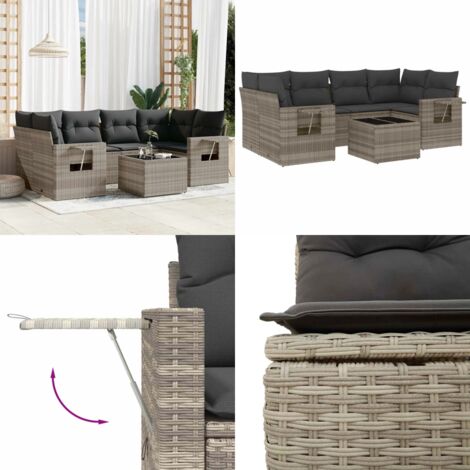 Set Divani da Giardino 7pz con Cuscini Grigio Chiaro Polyrattan - Sedute da esterno - Tavolo da giardino