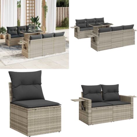 Set Divani da Giardino 7pz con Cuscini Grigio Chiaro Polyrattan - Sedute da esterno - Tavolo da giardino