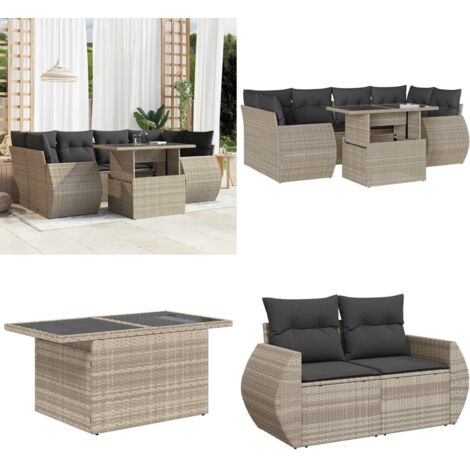 Set Divani da Giardino 7pz con Cuscini Grigio Chiaro Polyrattan - Sedute da esterno - Tavolo da giardino
