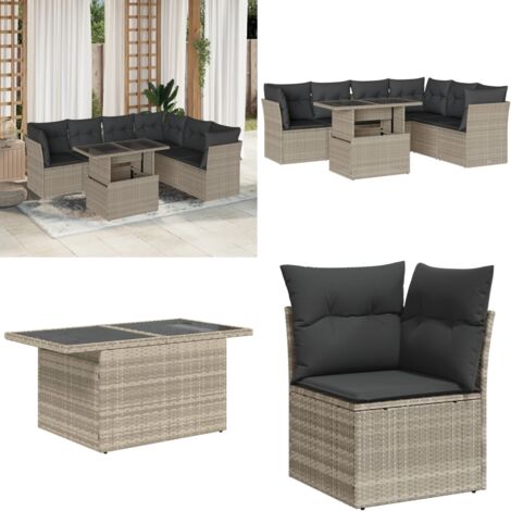 Set Divani da Giardino 7pz con Cuscini Grigio Chiaro Polyrattan - Sedute da esterno - Tavolo da giardino