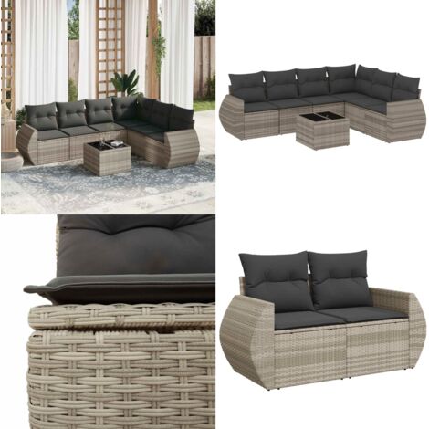 Set Divani da Giardino 7pz con Cuscini Grigio Chiaro Polyrattan - Sedute da esterno - Tavolo da giardino