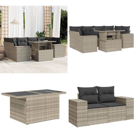 Set Divani da Giardino 7pz con Cuscini Grigio Chiaro Polyrattan - Sedute da esterno - Tavolo da giardino