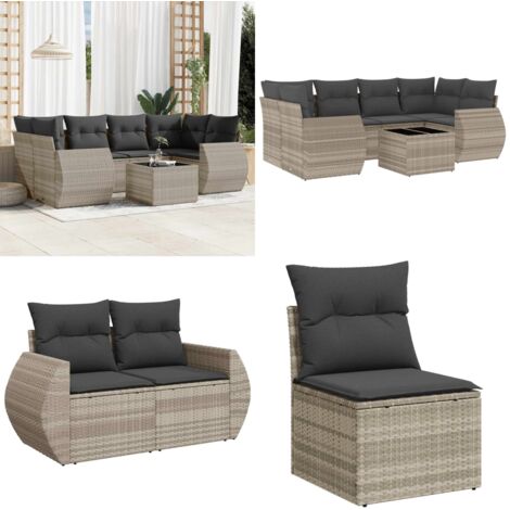 Set Divani da Giardino 7pz con Cuscini Grigio Chiaro Polyrattan - Sedute da esterno - Tavolo da giardino