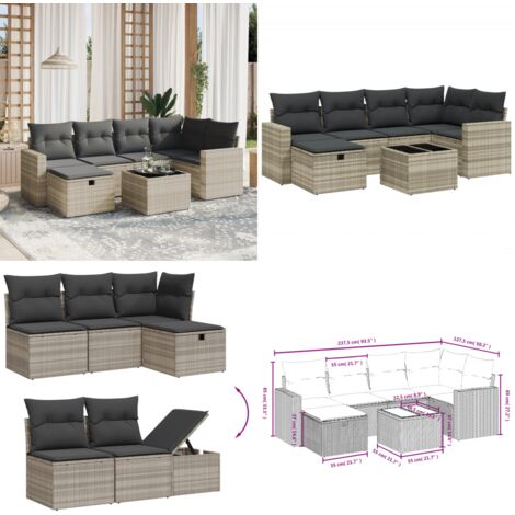 Set Divani da Giardino 7pz con Cuscini Grigio Chiaro Polyrattan - Sedute da esterno - Tavolo da giardino