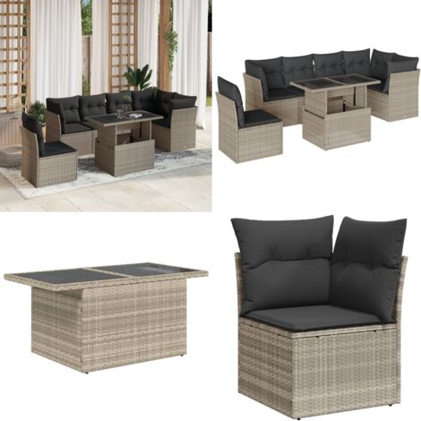 Set Divani da Giardino 7pz con Cuscini Grigio Chiaro Polyrattan - Sedute da esterno - Tavolo da giardino