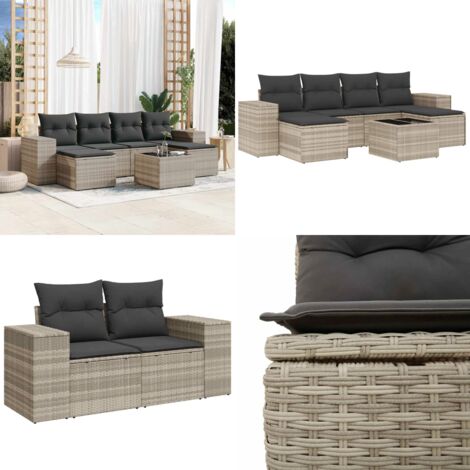 Set Divani da Giardino 7pz con Cuscini Grigio Chiaro Polyrattan - Sedute da esterno - Tavolo da giardino